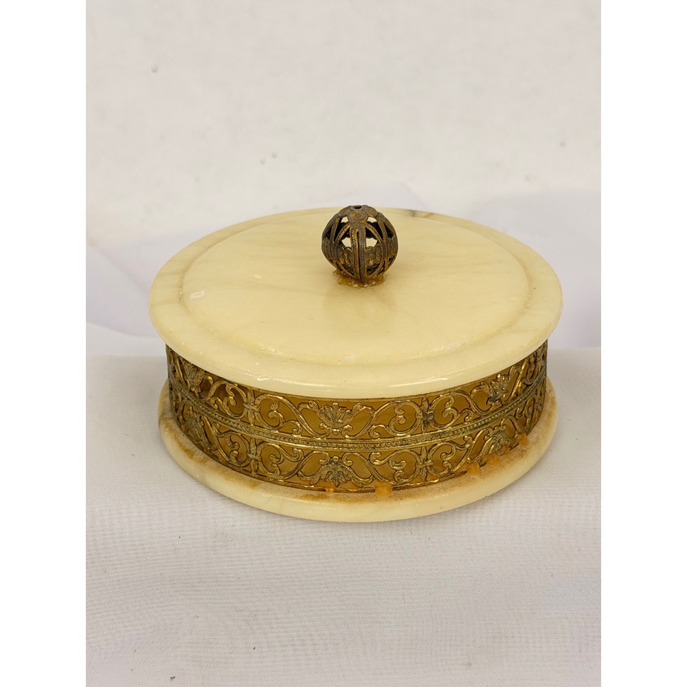 Vintage Italian Hand Carved Alabaster Trinket Box Brass Filigree Gallery Italy